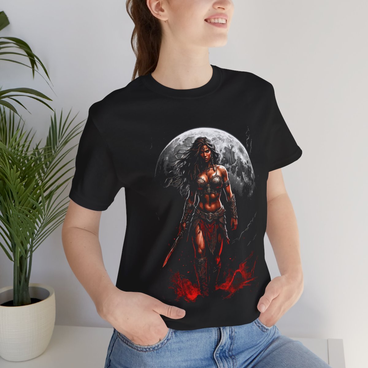 Kaida Black over a Blood Red Moon (Unisex Jersey Short Sleeve Tee) - Image 24