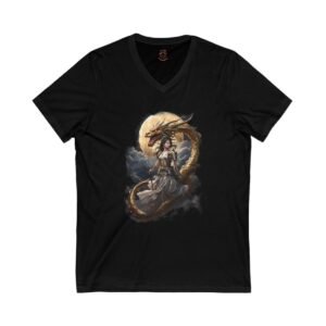 Golden Japanese  Dragon with a Golden Warrior Unisex Jersey Short Sleeve V-Neck Tee