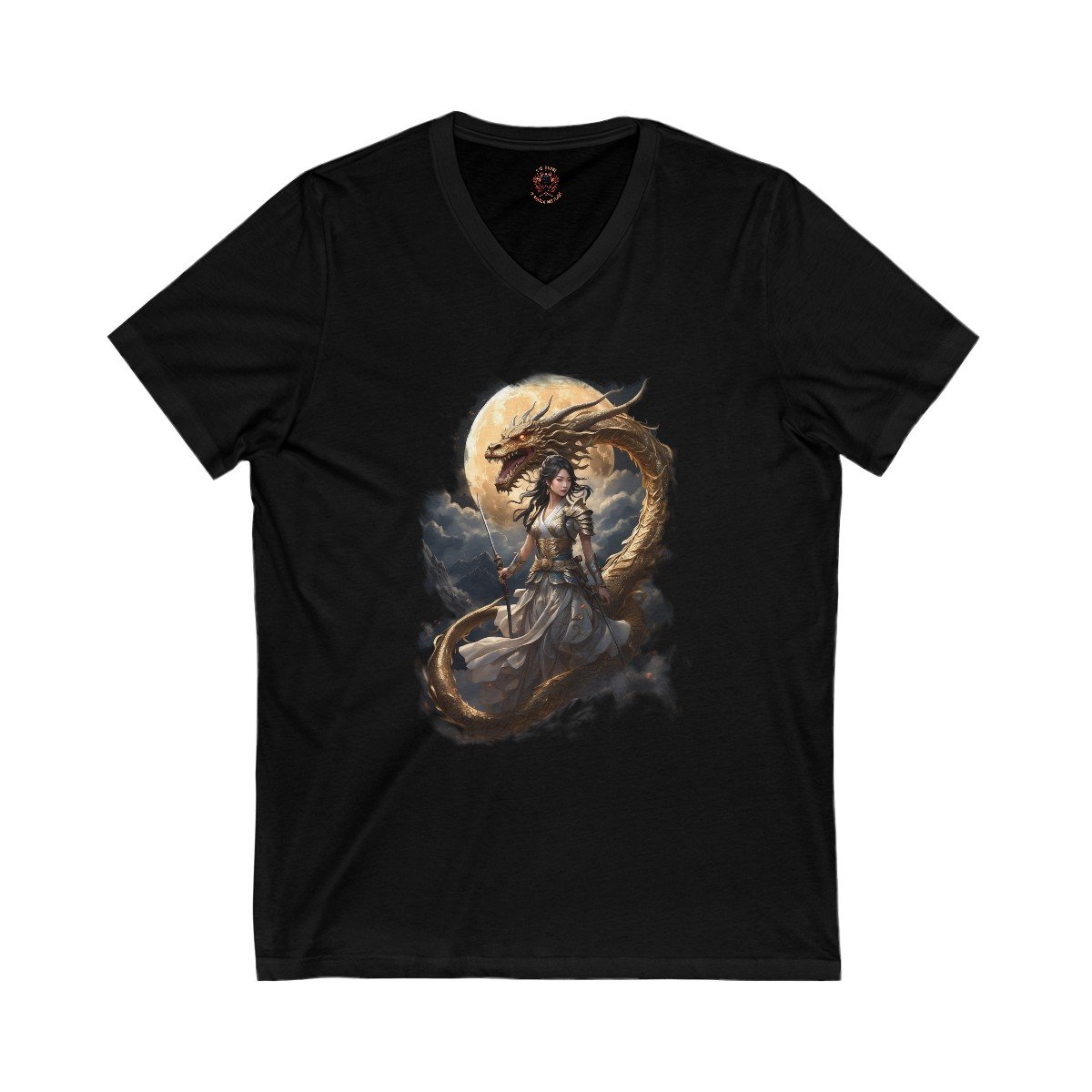 Golden Japanese Dragon with a Golden Warrior Unisex Jersey Short Sleeve V-Neck Tee
