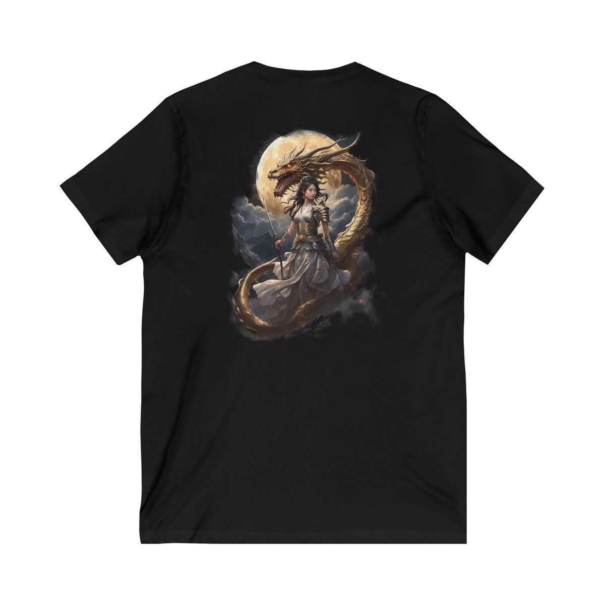 Golden Japanese Dragon with a Golden Warrior Unisex Jersey Short Sleeve V-Neck Tee - Image 2