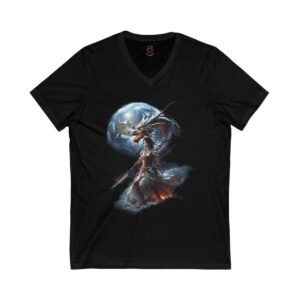 Blue Japanese Woman Warrior with Earth Dragon  Unisex Jersey Short Sleeve V-Neck Tee