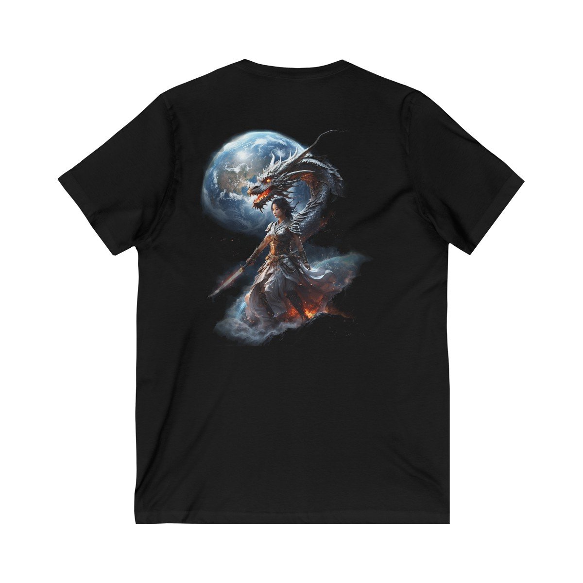 Blue Japanese Woman Warrior with Earth Dragon Unisex Jersey Short Sleeve V-Neck Tee - Image 2
