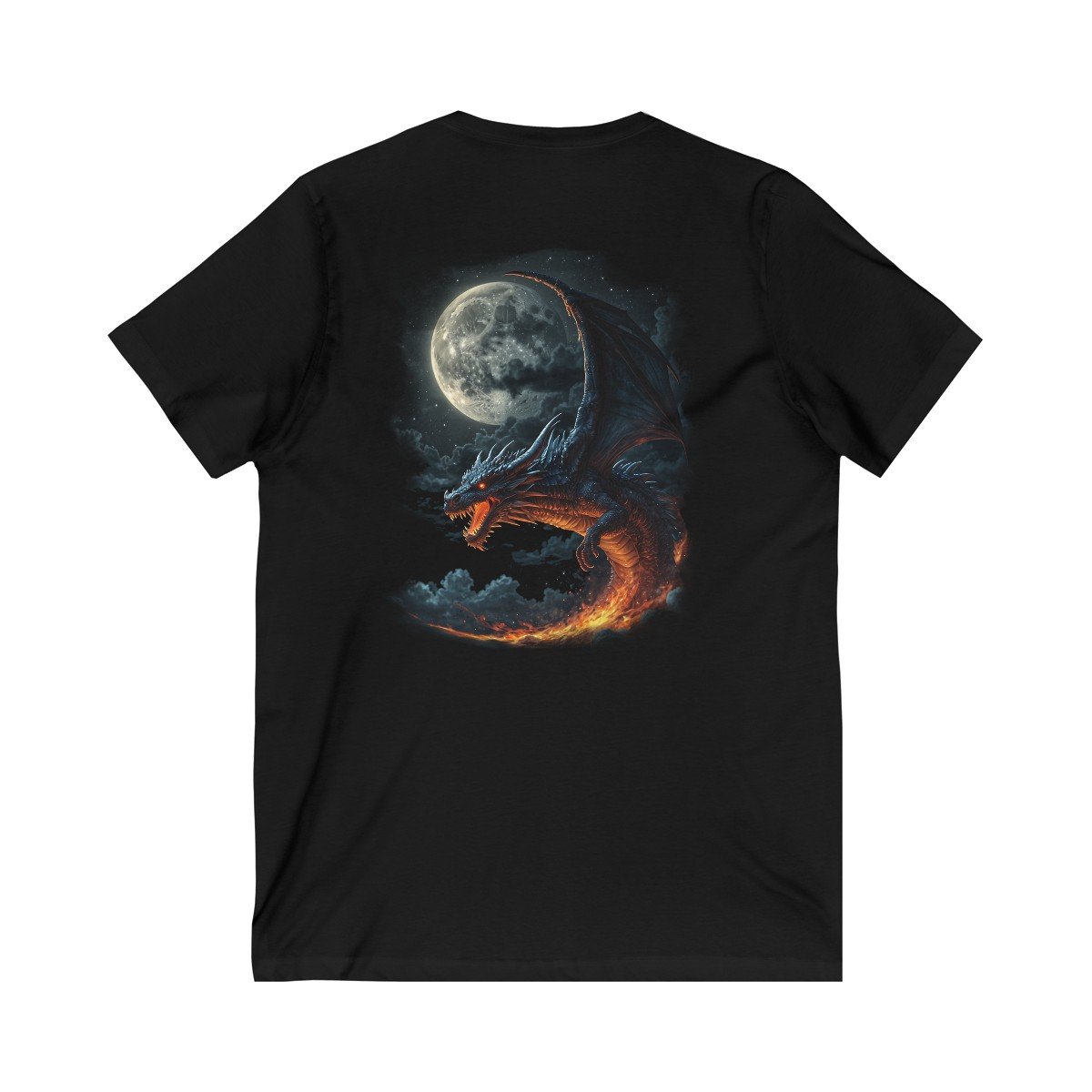 Black Dragon Flying over a Full Moon Unisex Jersey Short Sleeve V-Neck Tee - Image 2