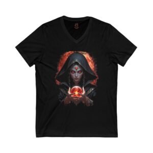Shadow Elf Sorceress with Magical Fire Orb  Unisex Jersey Short Sleeve V-Neck Tee