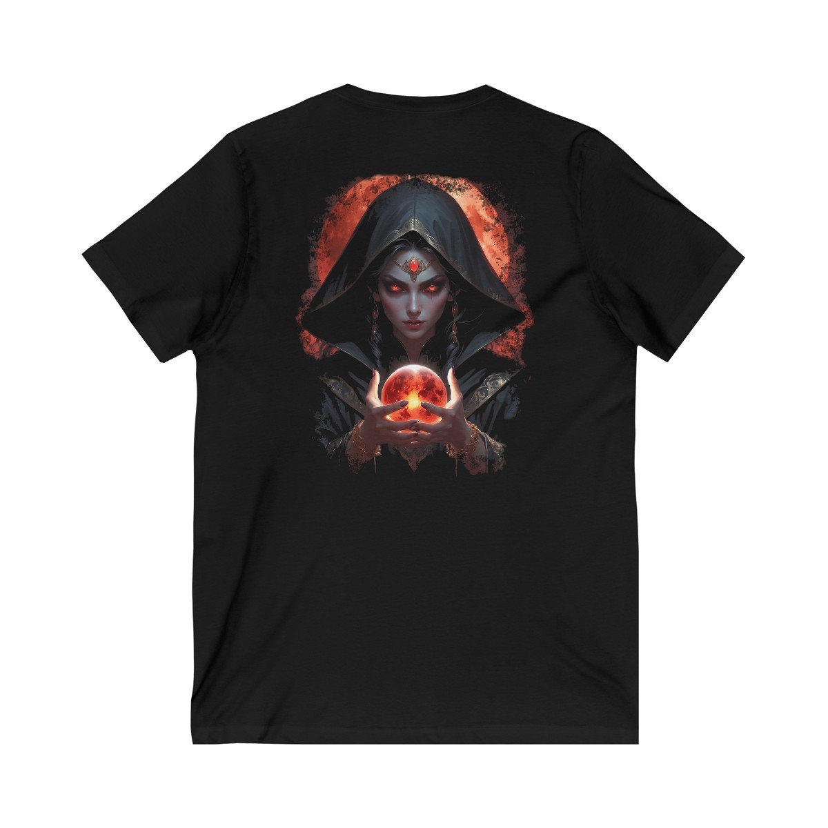 Shadow Elf Sorceress with Magical Fire Orb Unisex Jersey Short Sleeve V-Neck Tee - Image 2