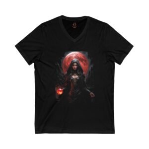 Shadow Elf Sorceress with Magical Fire Orb and a Blood Red Moon  Unisex Jersey Short Sleeve V-Neck Tee