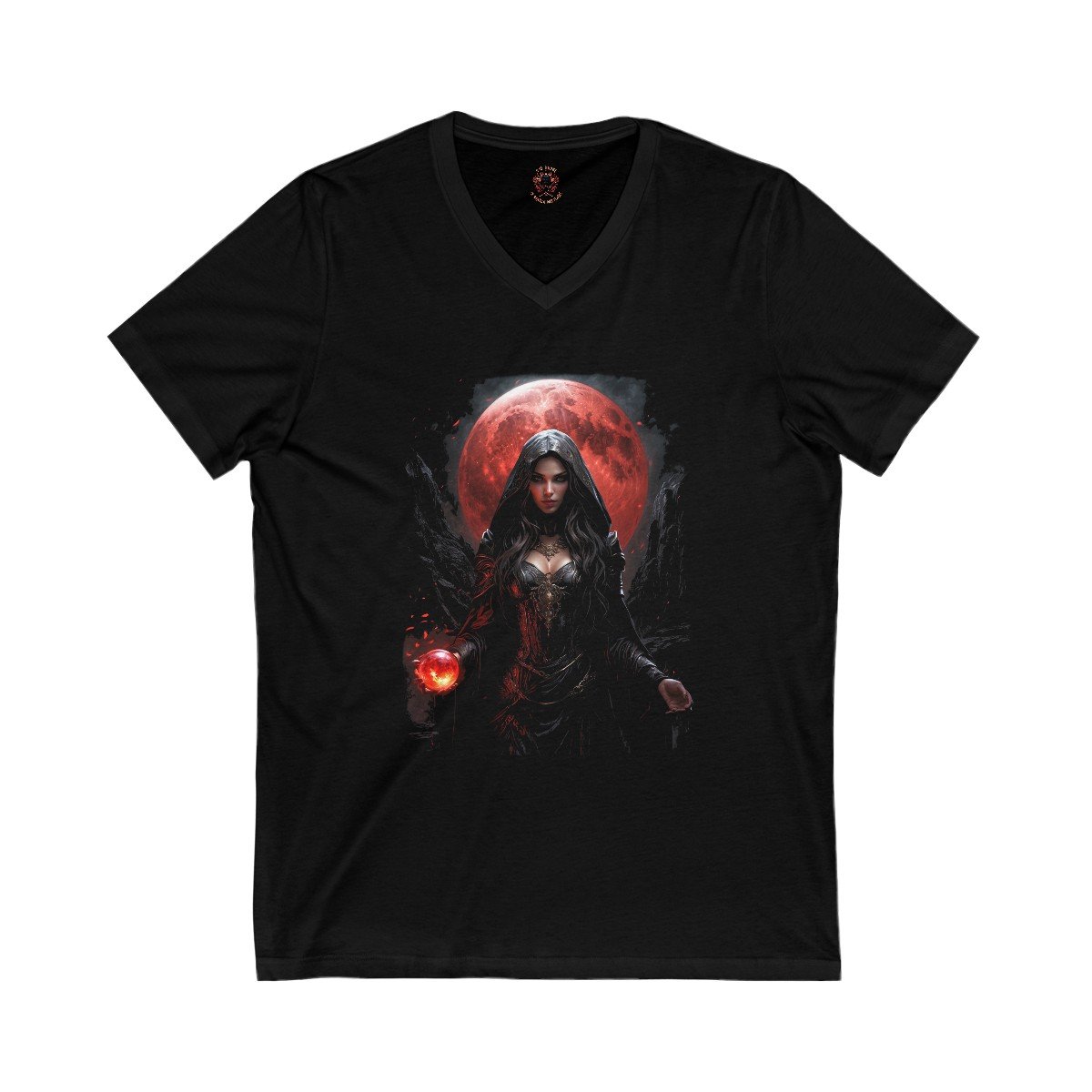 Shadow Elf Sorceress with Magical Fire Orb and a Blood Red Moon Unisex Jersey Short Sleeve V-Neck Tee