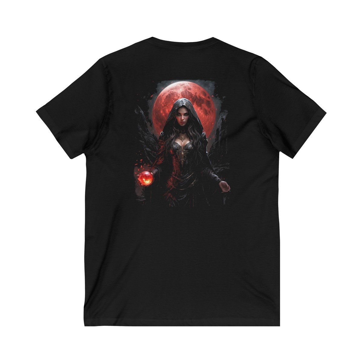 Shadow Elf Sorceress with Magical Fire Orb and a Blood Red Moon Unisex Jersey Short Sleeve V-Neck Tee - Image 2