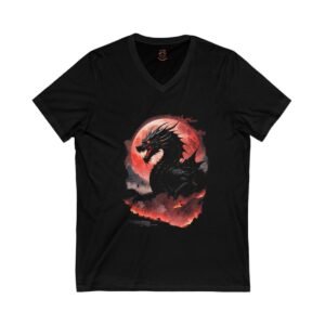 Black Dragon Rising over a Blood Full Moon  (Unisex Jersey Short Sleeve V-Neck Tee)