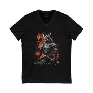 Samurai Warrior with a Red Dragon ( Unisex Jersey Short Sleeve V-Neck Tee)